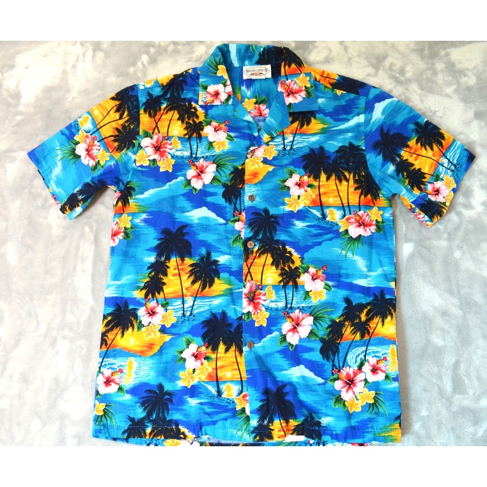 Pacific Legends Hawiian Aloha Tropical Shirt Men's Medium Palm Trees Hibiscus